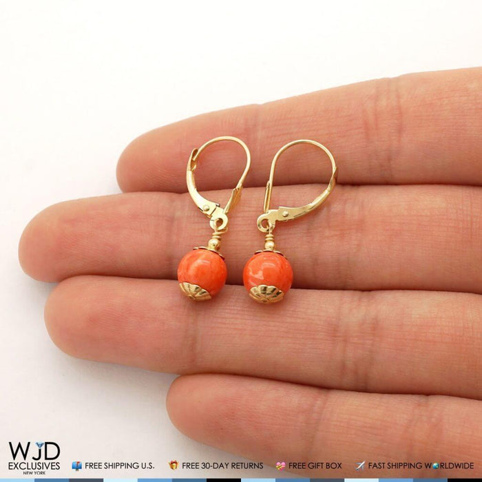 14K Yellow Gold Orange Coral Ball Leverback Dangle Earrings 7mm