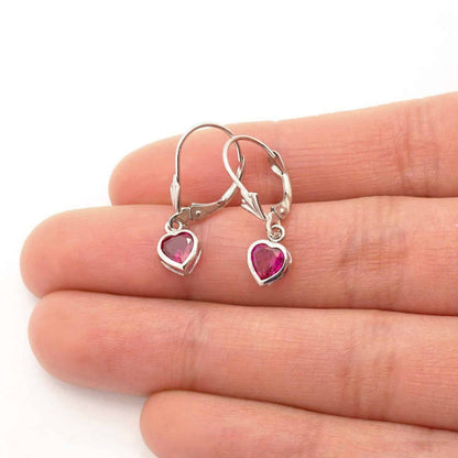 14K White Gold Bezel Heart Simulated Birthstone Leverback Dangle Earrings 5mm