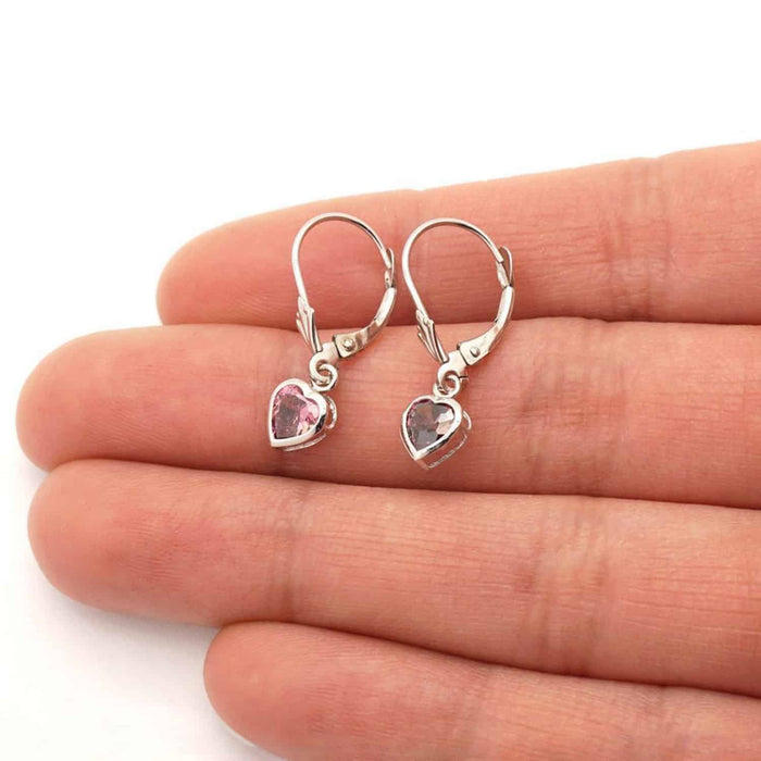 14K White Gold Bezel Heart Birthstone Leverback Dangle Earrings 5mm