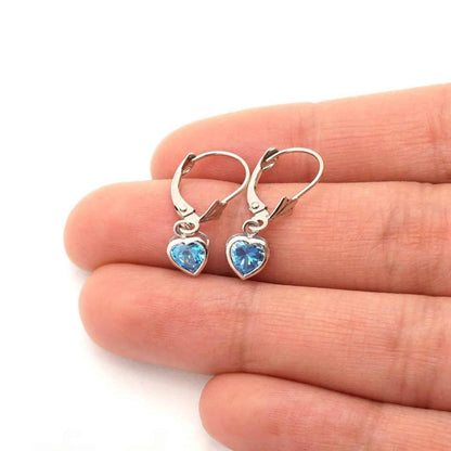 14K White Gold Bezel Heart Simulated Birthstone Leverback Dangle Earrings 5mm