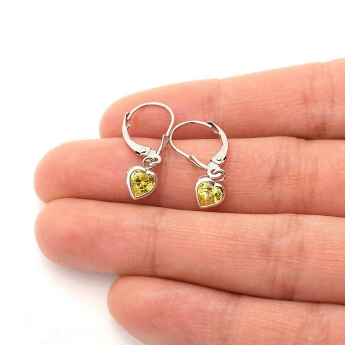 14K White Gold Bezel Heart Birthstone Leverback Dangle Earrings 5mm