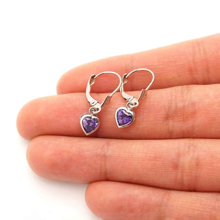 14K White Gold Bezel Heart Birthstone Leverback Dangle Earrings 5mm