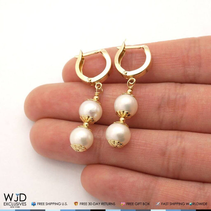 14k Yellow Gold Freshwater Genuine Pearl Latch Dangle Earrings