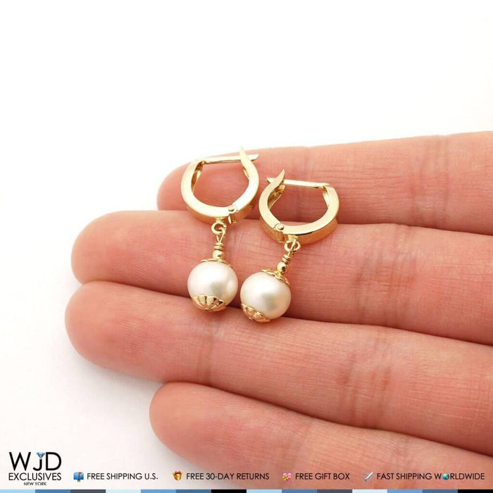 14K Yellow Gold Freshwater Pearl Latch Dangle Earrings