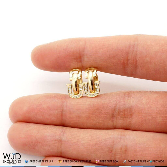 14k Yellow Gold CZ Horseshoe Lucky Charm Hoop Earrings 13mm