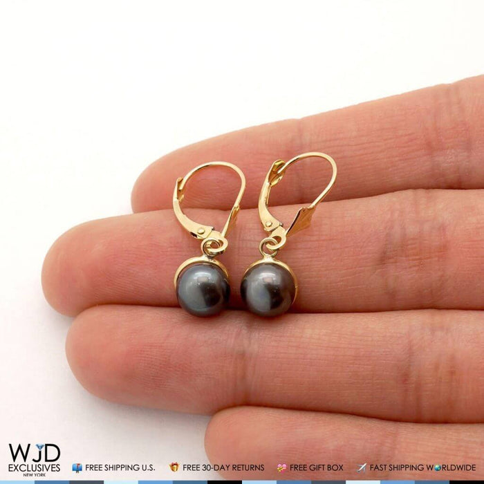 14K Yellow Gold Bezel Set Black Pearl Dangle Leverback Earrings 7mm