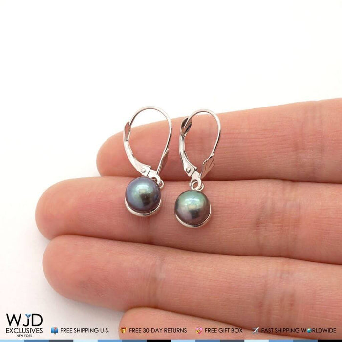 14K White Gold Bezel Set Black Pearl Dangle Leverback Earrings 7mm