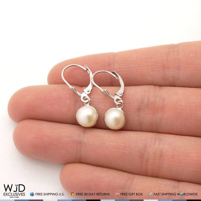 14K White Gold Bezel Set White Pearl Leverback Dangle Earrings 7mm