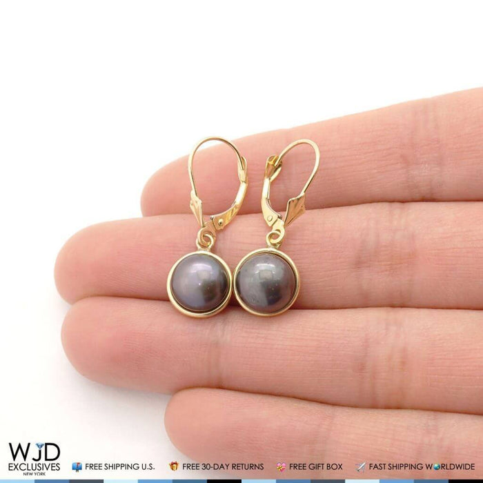 14K Yellow Gold Bezel Set Black Pearl Dangle Leverback Earrings 10mm