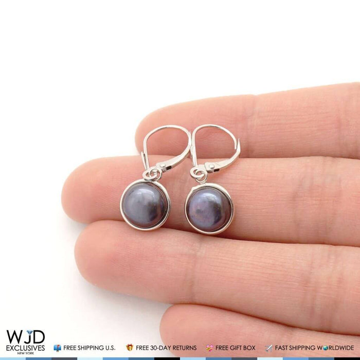 14K White Gold Bezel Set Black Pearl Dangle Leverback Earrings 10mm