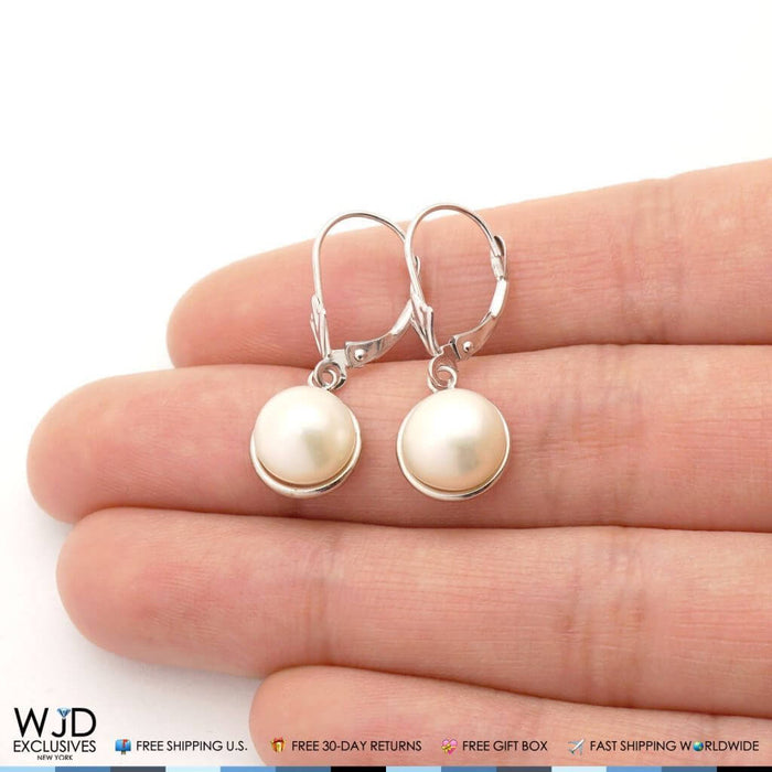 14K White Gold Bezel Set White Pearl Leverback Dangle Earrings 10mm