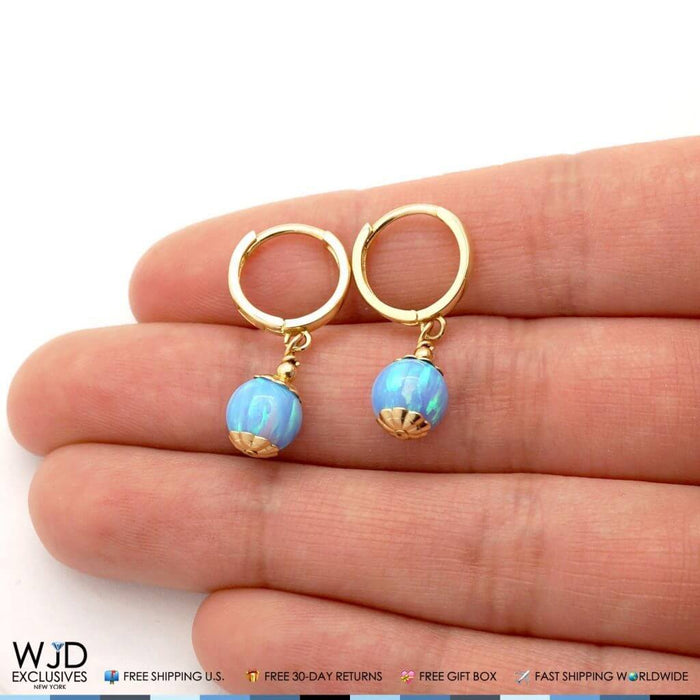 14K Yellow Gold 7mm Sky Blue Fire Opal Ball Huggie Hoop Dangle Earrings