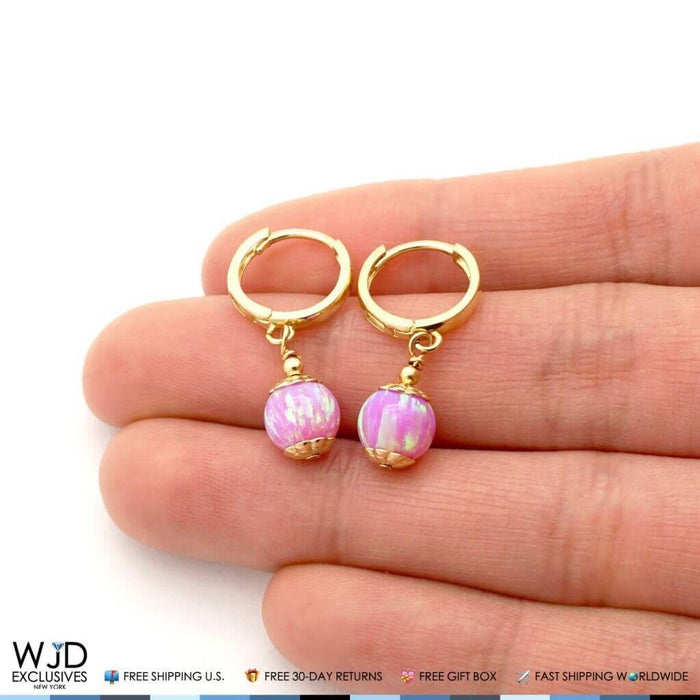 14K Yellow Gold 7mm Pink Fire Opal Ball Huggie Hoop Dangle Earrings