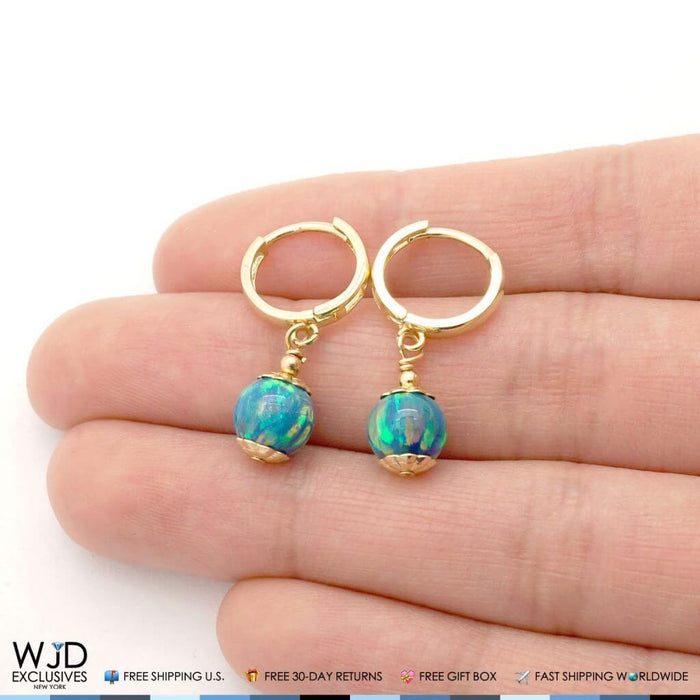 14K Yellow Gold 7mm Green Fire Opal Ball Huggie Hoop Dangle Earrings