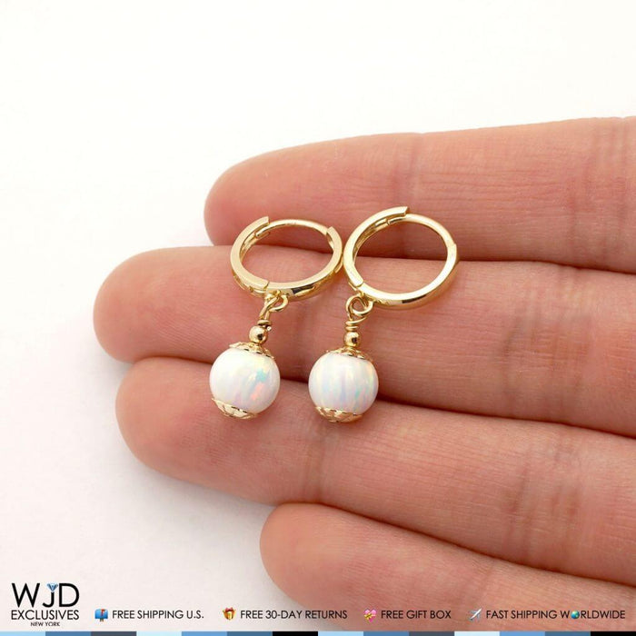 14K Yellow Gold White Fire Opal Ball Huggie Hoop Dangle Earrings 7mm