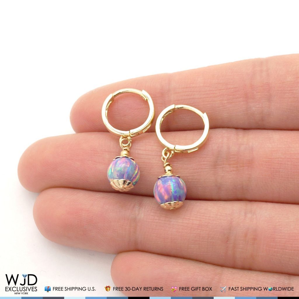 14K Solid Yellow Gold Purple Fire Opal Ball Huggie Hoop Dangle Earrings 7mm