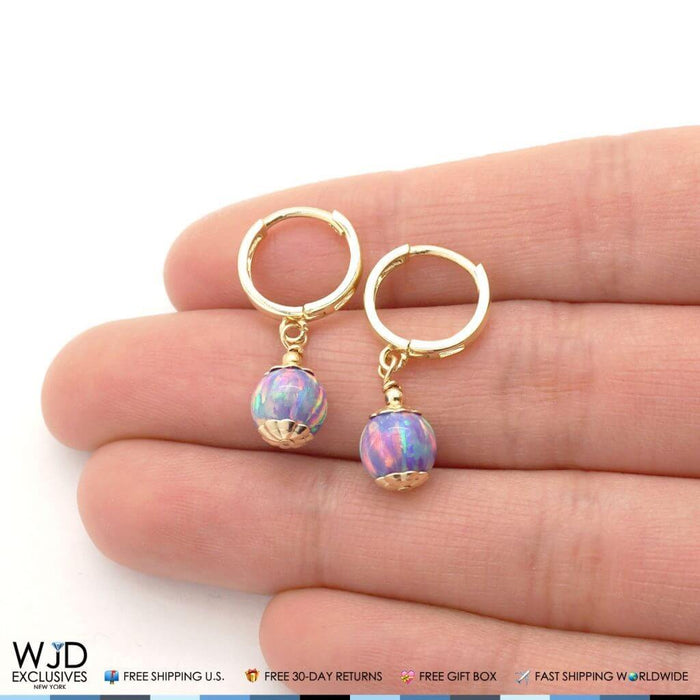 14K Yellow Gold Purple Fire Opal Ball Huggie Hoop Dangle Earrings 7mm