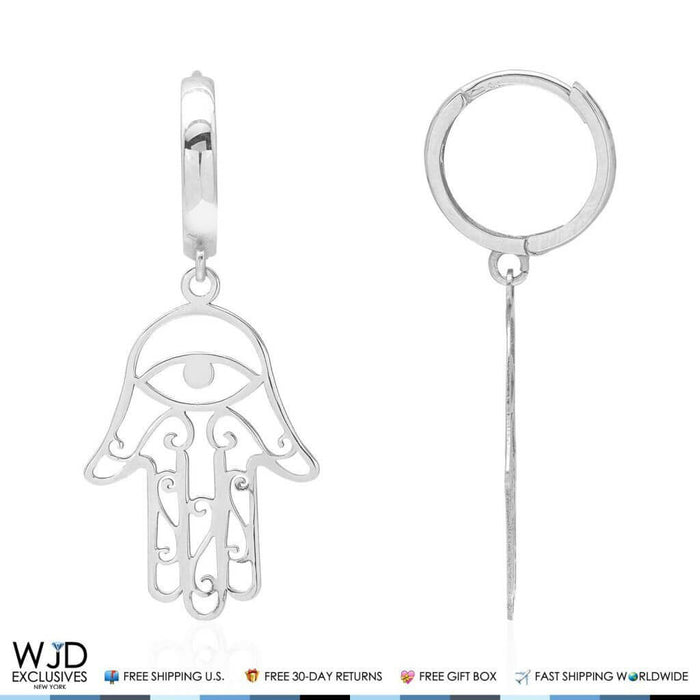 14K White Gold Filigree Hamsa Hand Huggie Hoop Dangle Earrings