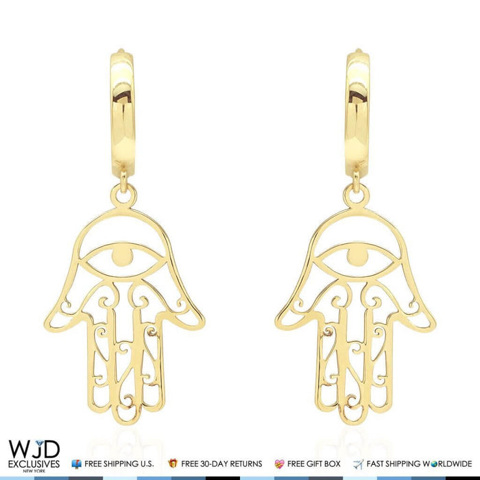 14K Yellow Gold Filigree Hamsa Hand Huggie Hoop Dangle Earrings