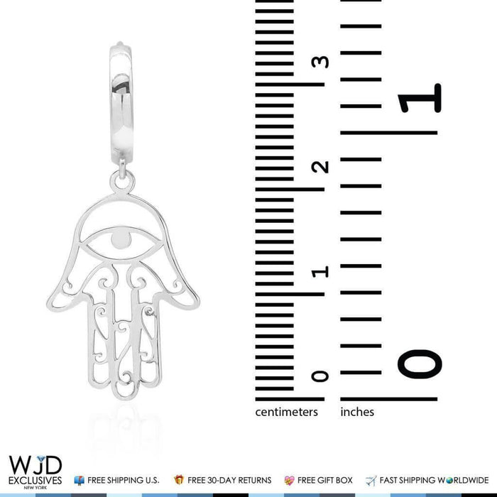 14K White Gold Filigree Hamsa Hand Huggie Hoop Dangle Earrings
