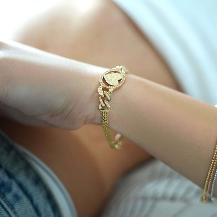 0.70CTW CZ 14K Yellow Gold Cuban Bismark Heart Bracelet (Hollow) 7.25" - WJD Exclusives