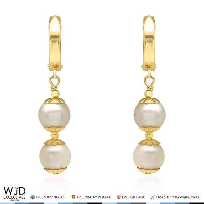 14k Yellow Gold Freshwater Genuine Pearl Latch Dangle Earrings