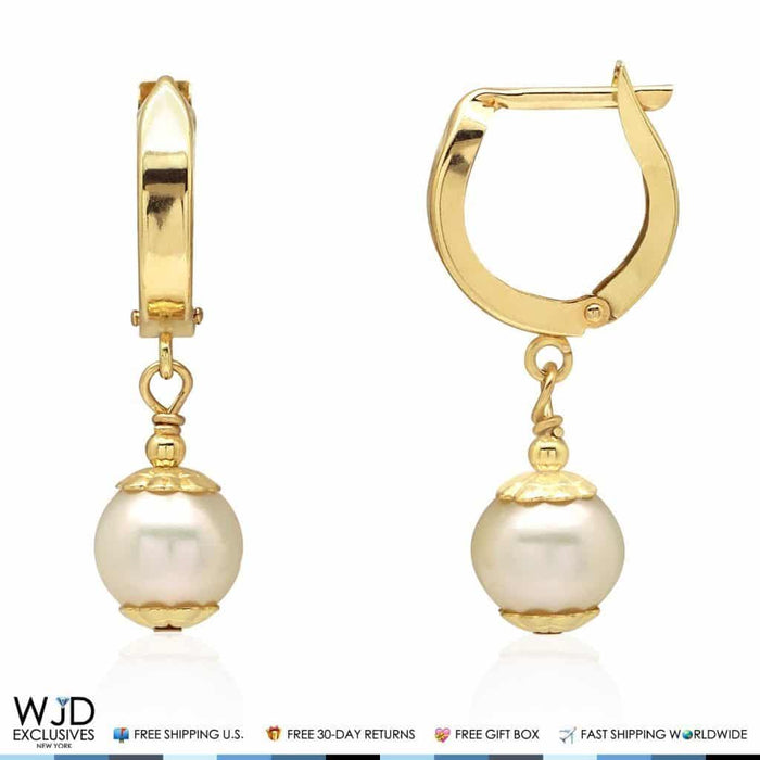 14K Yellow Gold Freshwater Pearl Latch Dangle Earrings