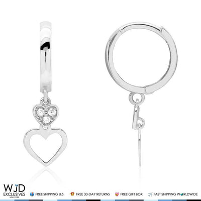 14K White Gold CZ Huggie Hoop Double Open Heart Dangle Earrings