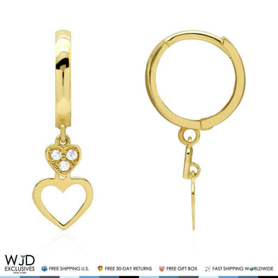 14K Yellow Gold CZ Huggie Hoop Double Open Heart Dangle Earrings
