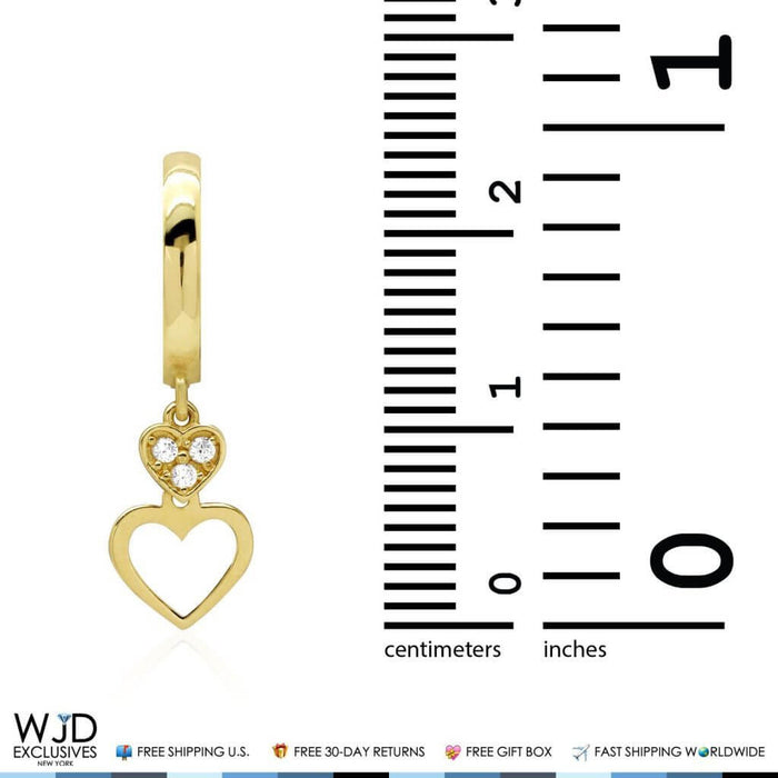 14K Yellow Gold CZ Huggie Hoop Double Open Heart Dangle Earrings