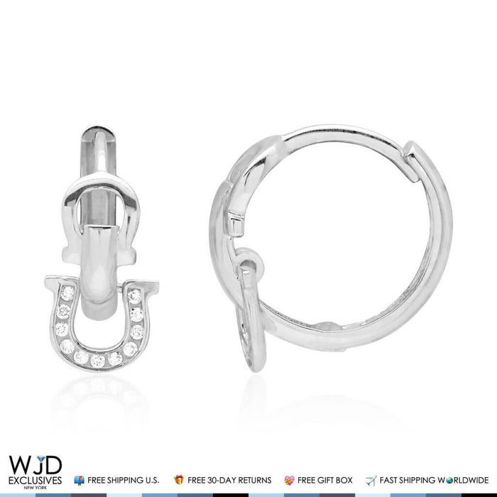 14k White Gold CZ Dangle Horseshoe Lucky Charm Hoop Earrings