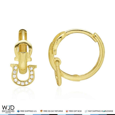 14k Yellow Gold CZ Horseshoe Lucky Charm Hoop Earrings 13mm