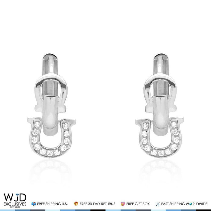 14k White Gold CZ Dangle Horseshoe Lucky Charm Hoop Earrings