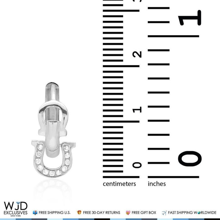 14k White Gold CZ Dangle Horseshoe Lucky Charm Hoop Earrings