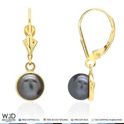 14K Yellow Gold Bezel Set Black Pearl Dangle Leverback Earrings 7mm
