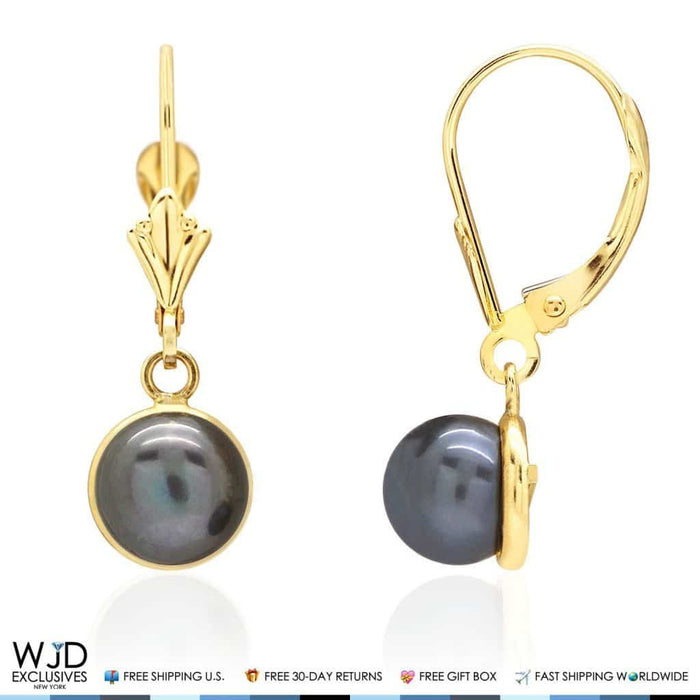 14K Yellow Gold Bezel Set Black Pearl Dangle Leverback Earrings 7mm
