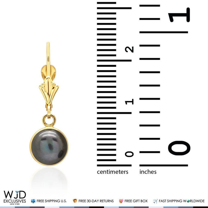 14K Yellow Gold Bezel Set Black Pearl Dangle Leverback Earrings 7mm