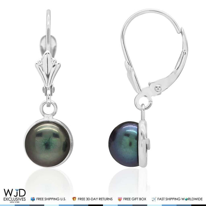 14K White Gold Bezel Set Black Pearl Dangle Leverback Earrings 7mm