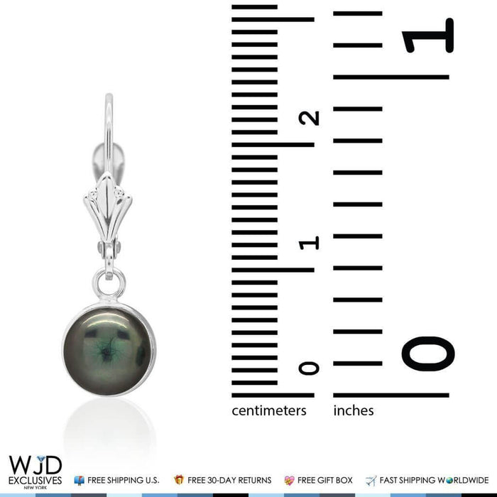 14K White Gold Bezel Set Black Pearl Dangle Leverback Earrings 7mm