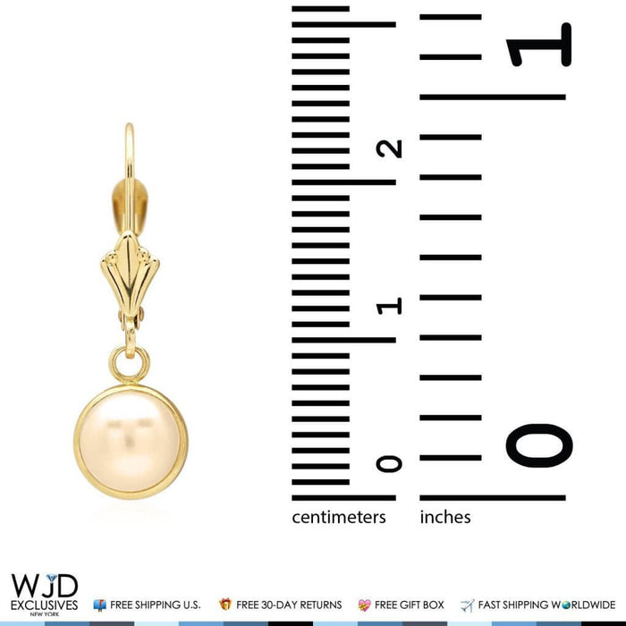 14K Yellow Gold Bezel Set White Pearl Leverback Dangle Earrings 7mm