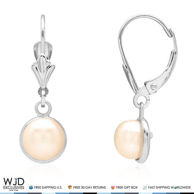 14K White Gold Bezel Set White Pearl Leverback Dangle Earrings 7mm