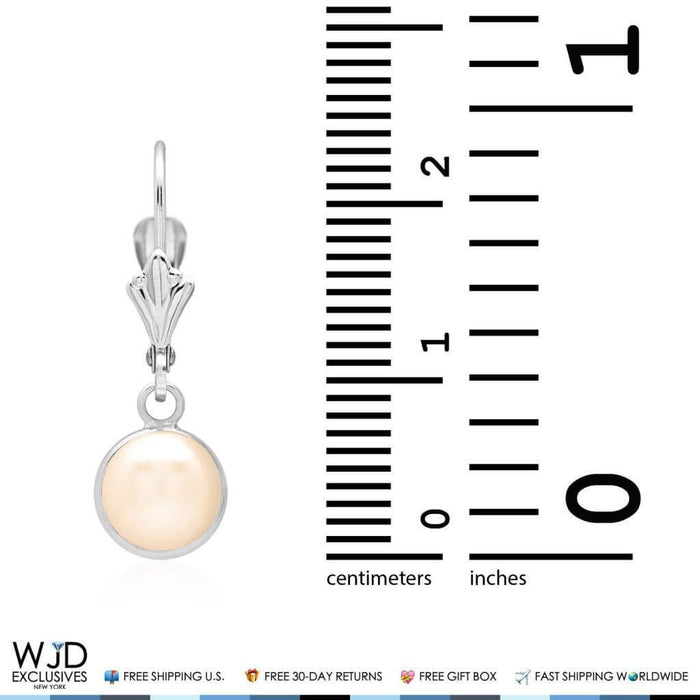 14K White Gold Bezel Set White Pearl Leverback Dangle Earrings 7mm