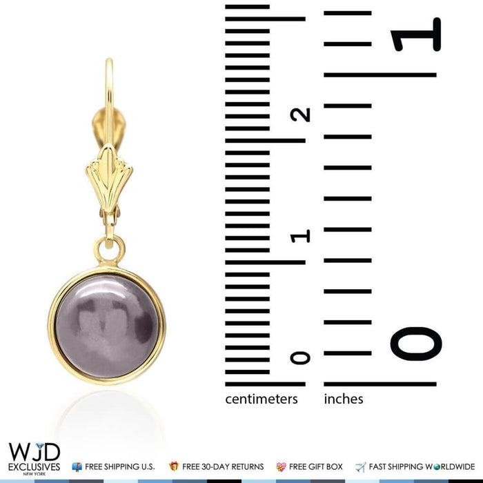 14K Yellow Gold Bezel Set Black Pearl Dangle Leverback Earrings 10mm