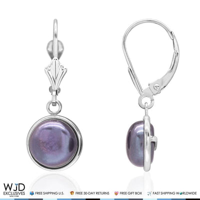 14K White Gold Bezel Set Black Pearl Dangle Leverback Earrings 10mm