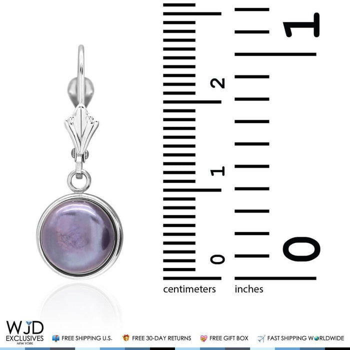 14K White Gold Bezel Set Black Pearl Dangle Leverback Earrings 10mm