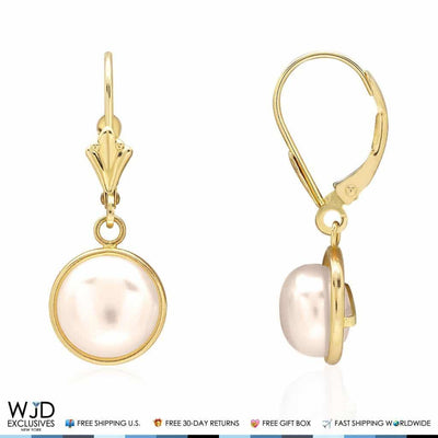 14K Yellow Gold Bezel Set White Pearl Leverback Dangle Earrings 10mm