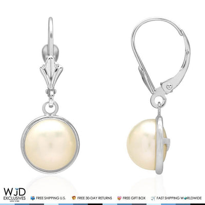 14K White Gold Bezel Set White Pearl Leverback Dangle Earrings 10mm