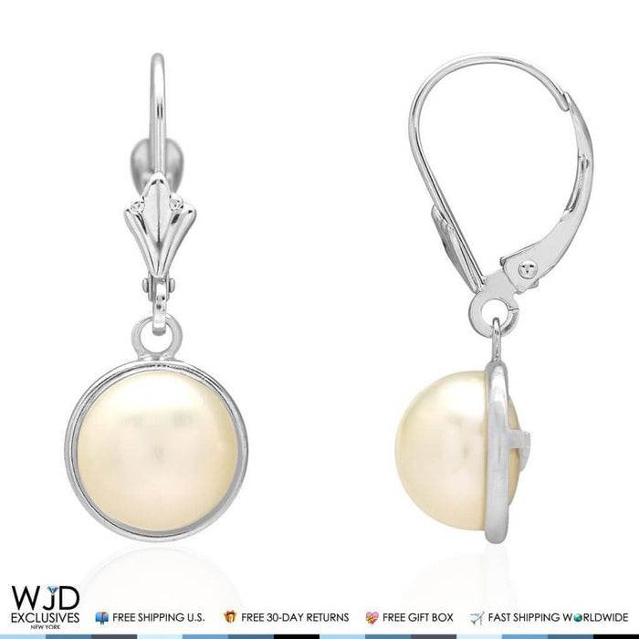 14K White Gold Bezel Set White Pearl Leverback Dangle Earrings 10mm