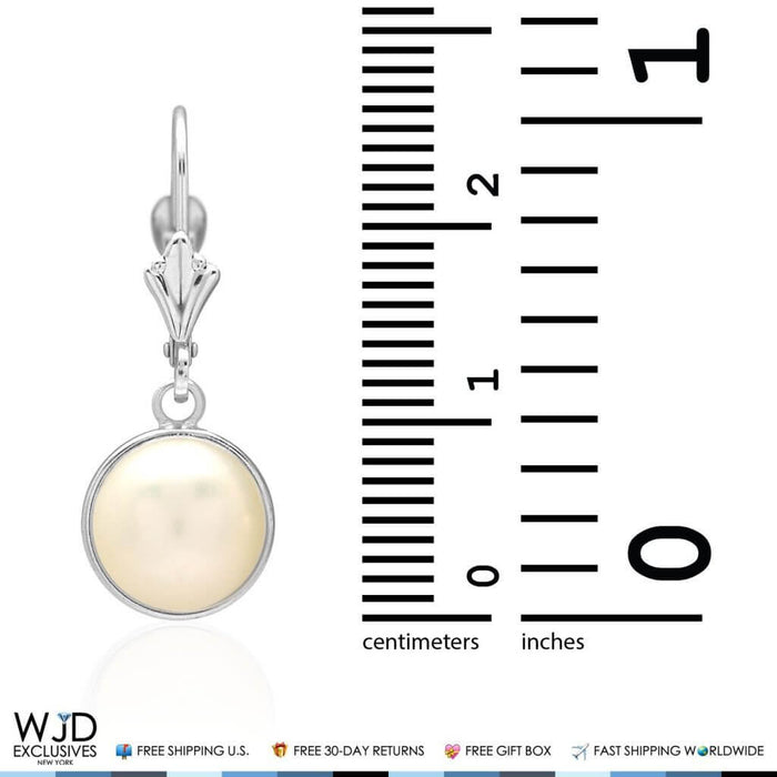 14K White Gold Bezel Set White Pearl Leverback Dangle Earrings 10mm
