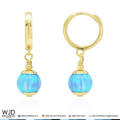 14K Yellow Gold 7mm Sky Blue Fire Opal Ball Huggie Hoop Dangle Earrings